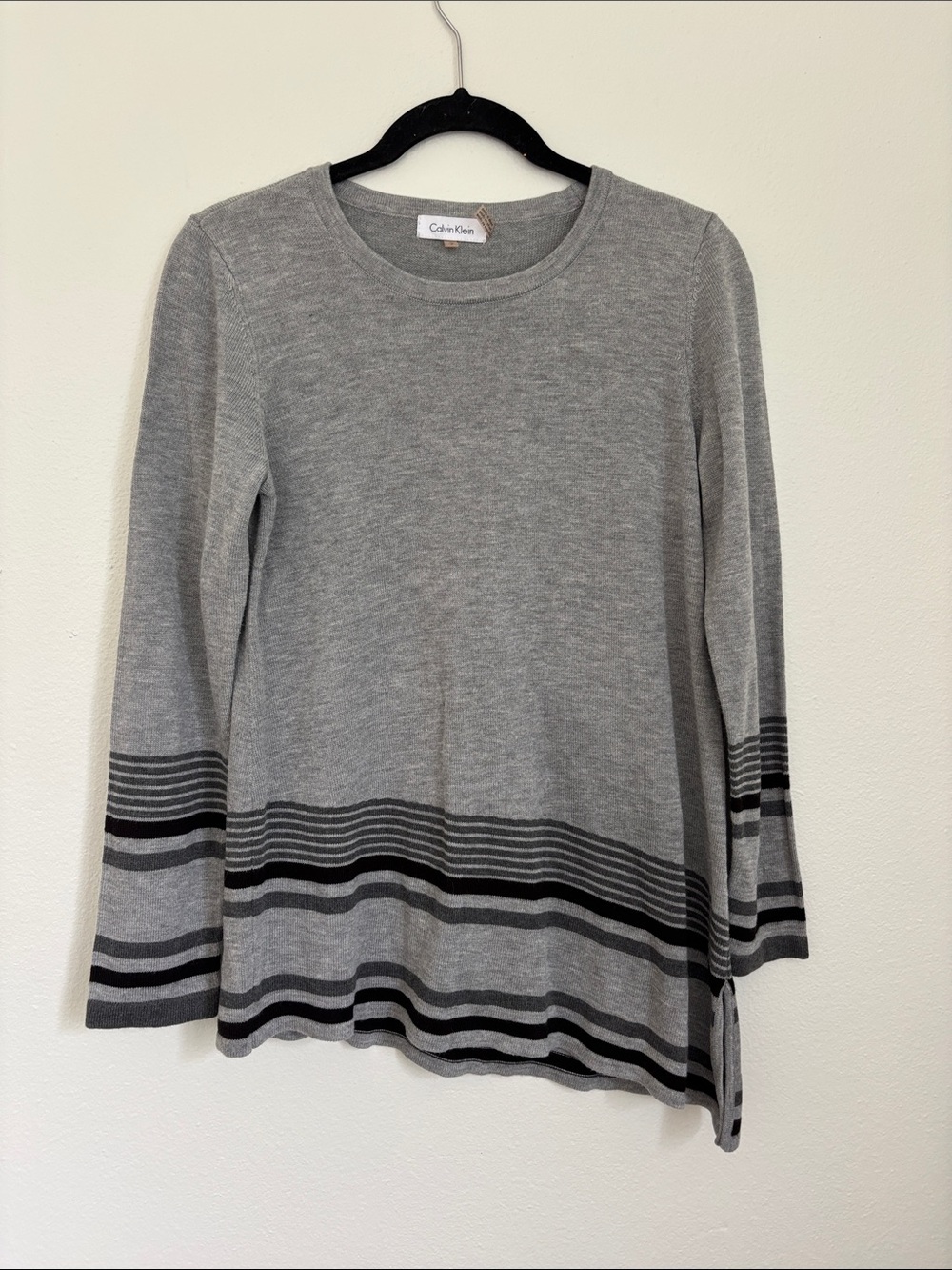 Calvin Klein Light Gray Crewneck Long-Sleeve Top with Black Stripe Asymmetrical
